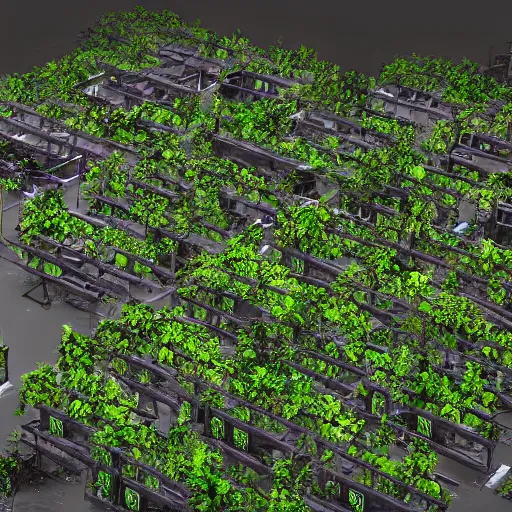 Image similar to Racks of computer equipment surrounded by ancient ruins and covered in vines, concept art, highly detailed, 8k, hyper realistic, unreal engine