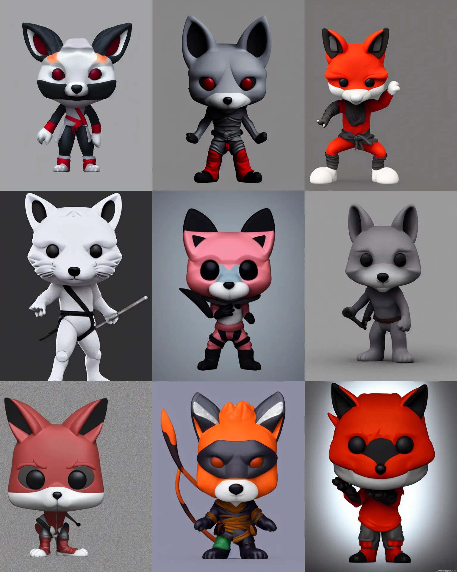 Prompt: full body 3 d render of ninja fox as a funko pop!, studio lighting, grey background, single body, no shadow, blender, trending on artstation, 8 k, highly detailed