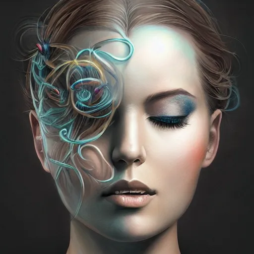 Prompt: a picture of a woman with a spiral in her hair, an airbrush painting by marco mazzoni, featured on zbrush central, generative art, zbrush, behance hd, airbrush art