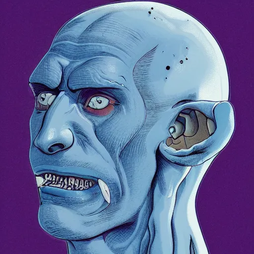 Image similar to prussian blue by tomer hanuka imposing, sigma 8 5 mm f / 1. 4. a beautiful body art of a giant head. the head is bald & has a big nose. the eyes are wide open & have a crazy look. the mouth is open & has sharp teeth. the neck is long & thin.