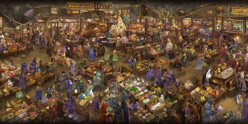 Prompt: an image of a bustling elven marketplace in the genre of dungeons and dragons