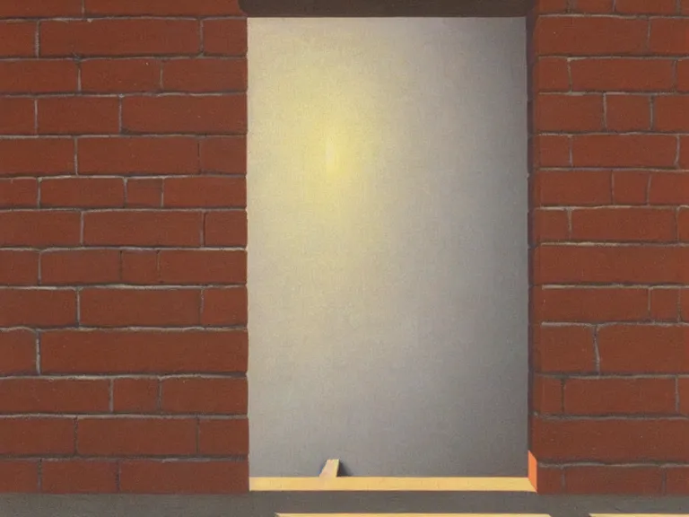 Image similar to an open door to nothingness in brick wall, painting by rene magritte, high detail, high resolution