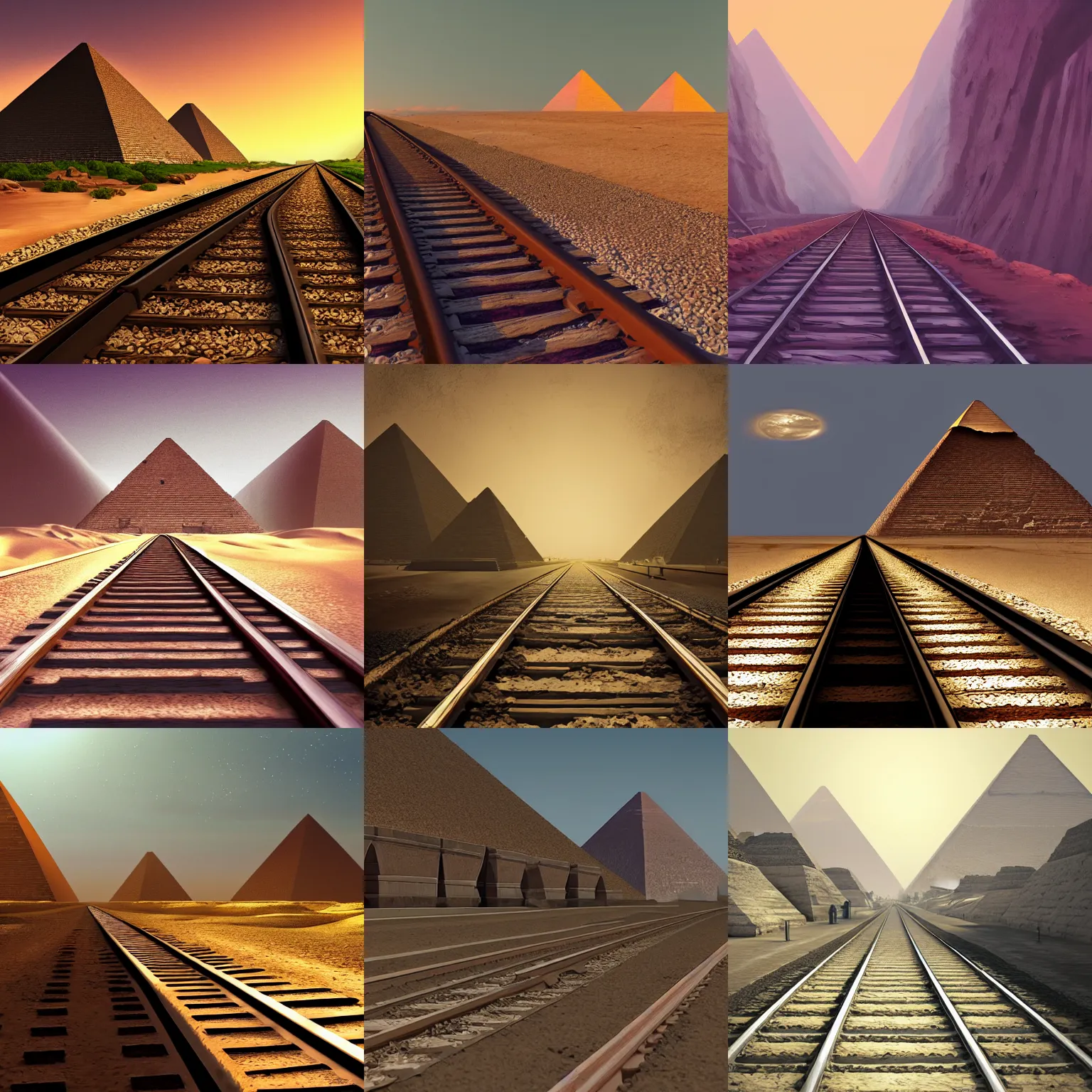 Prompt: railway tracks going toward an egyptian pyramid, matte painting, single point perspective, artstation, detailed, high quality