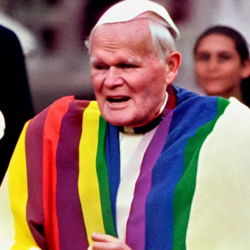 Image similar to John Paul II wearing a lgbt colored robe