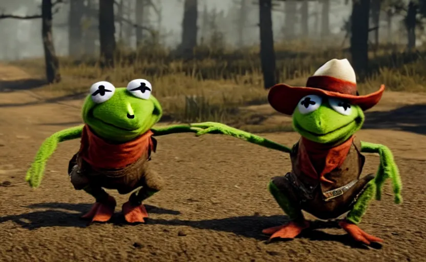 Prompt: kermit the frog in red dead redemption 2, cinematic shot, 4 k