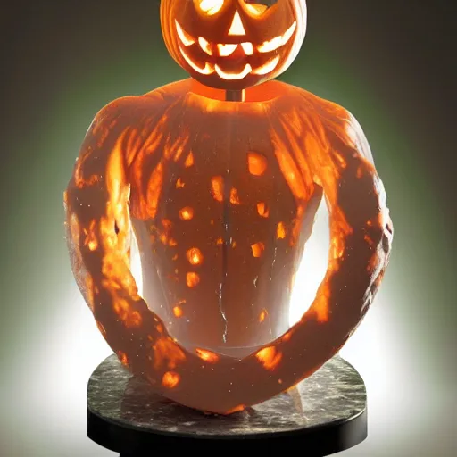 Image similar to epic statue of jack o lantern sculpted on acrylic flow marble with wax drops over his skin, realistic, volummetric light, by bernini
