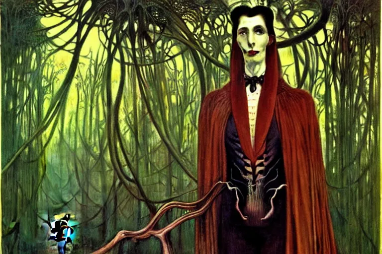 Image similar to realistic extremely detailed portrait painting of an elegantly creepy vampire man dressed as dracula, futuristic sci-fi forest on background by Jean Delville, Amano, Yves Tanguy, Alphonse Mucha, Ernst Haeckel, Edward Robert Hughes, Roger Dean, rich moody colours