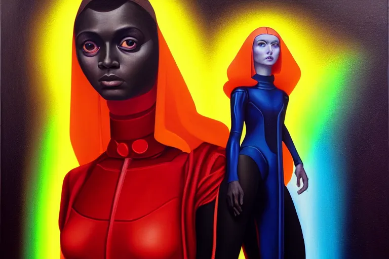 Image similar to patron saint of 🛸🌈👩🏾, futuristic jumpsuit, neon god of city character portrait, in the style of margaret keane, moebius, tom bagshaw, and waterhouse, cinematic lighting, beautiful, elegant, oil painting,