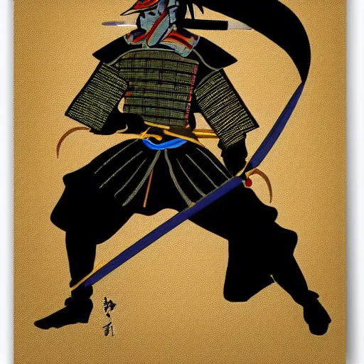 Image similar to highly stylized samurai holding a katana,striking colors