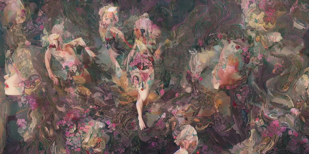 Image similar to breathtaking detailed concept art painting kaleidoscope art deco pattern of blonde faces goddesses amalmation flowers, by hsiao - ron cheng, bizarre compositions, exquisite detail, extremely moody lighting, 8 k