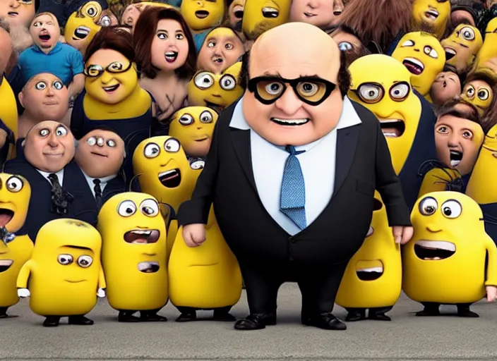 Image similar to Danny DeVito cast as Gru with his minions, still from Despicable Me 2010, high detail, 8k establishing shot,