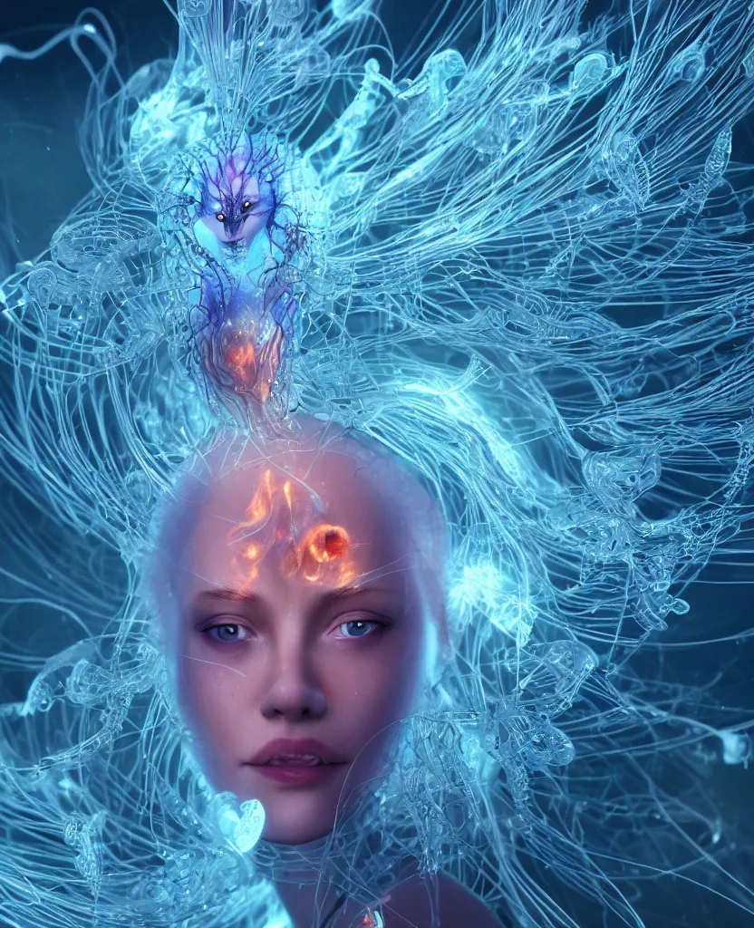 Image similar to close-up macro portrait of the face of a beautiful princess, epic angle and pose, symmetrical artwork, 3d with depth of field, blurred background, cybernetic jellyfish female face skull phoenix bird, translucent, nautilus, energy flows of water and fire. a highly detailed epic cinematic concept art CG render. made in Maya, Blender and Photoshop, octane render, excellent composition, cinematic dystopian brutalist atmosphere, dynamic dramatic cinematic lighting, aesthetic, very inspirational, arthouse. y Greg Rutkowski, Ilya Kuvshinov, WLOP, Stanley Artgerm Lau, Ruan Jia and Fenghua Zhong