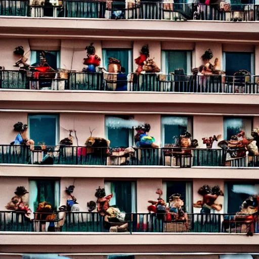 Image similar to some dwarfs are making some backward somersault from a balcony, close up photography