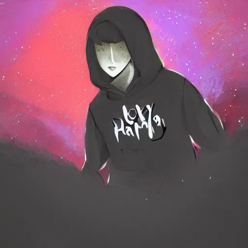 Image similar to boy dressed a black hoodie, flying in galaxy, lo-fi style, digital art, trending on ArtStation, detalied, high quality,