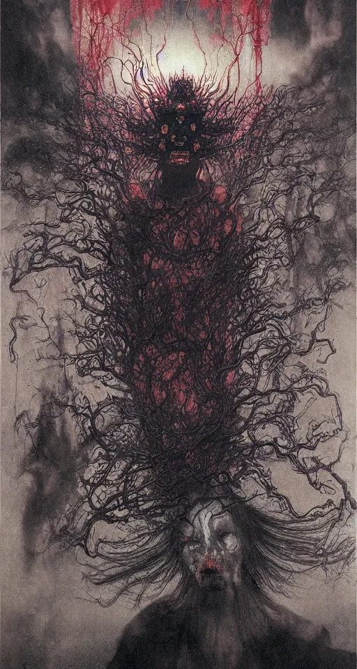 Image similar to zhongyuan festival, chinese ghost festival, king of hell, inside page of comic book, psychedelic lights and fog, in the style of zdzislaw beksinski, ayami kojima, takato yamamoto, barclay shaw, karol bak, glowing light and shadow, hyperrealist