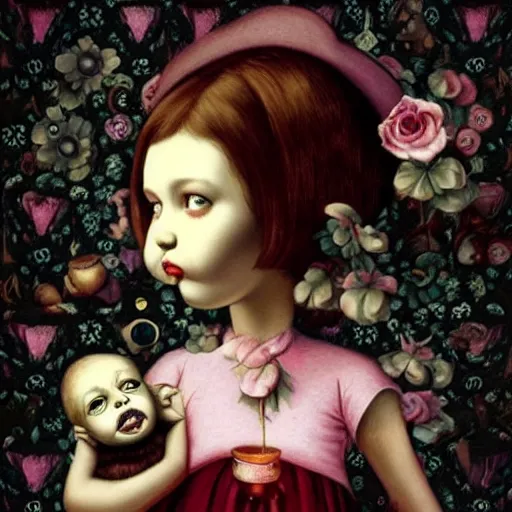 Image similar to 😄🎼🎹🎵, lowbrow surrealistic, in the style of Mark Ryden,