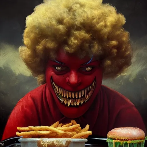 Prompt: A Satanic Ronald McDonald eating a hamburger and fries, horror, intricate, moody, highly detailed, artstation, concept art, smooth, sharp focus, illustration, art by greg rutkowski and orientalism and bouguereau and Zdzislaw Beksinski, good clear quality, lighting, biology, symmetrical artwork, slop, evil, 135 mm, cinematic, hyper realism, high detail, octane render, 8k, chrome accents