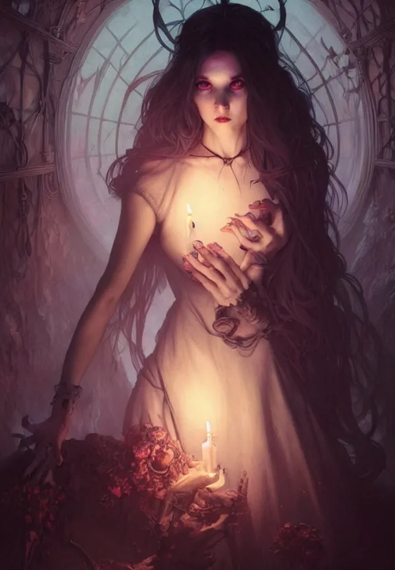 Image similar to Ethereal necromancer at a spooky old attic, fantasy magic, dark pin-up style hair, dark light night, intricate, elegant, sharp focus, illustration, highly detailed, digital painting, concept art, matte, art by WLOP and Artgerm and Greg Rutkowski and Alphonse Mucha, masterpiece