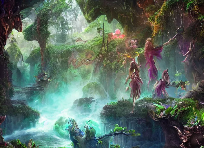 Prompt: magical enchanted elves on a humongous paradise biome, fantasy, hyper realism, wet reflections, intricate, digital art, detailed, studio shot, unreal engine 5, octane, high definition, smooth, artstation, behance