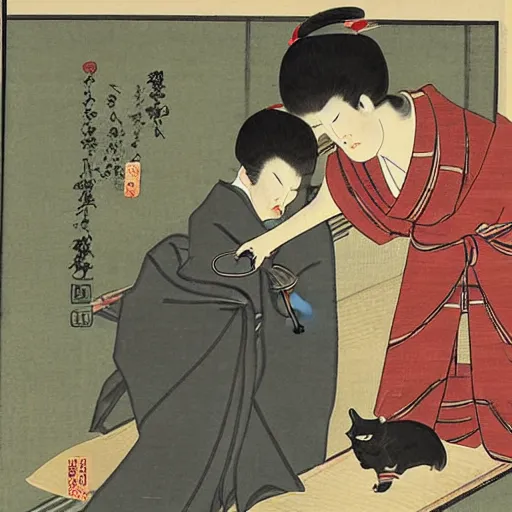 Image similar to angry japanese man giving cat a slice of meat, vintage, painting by utamaro