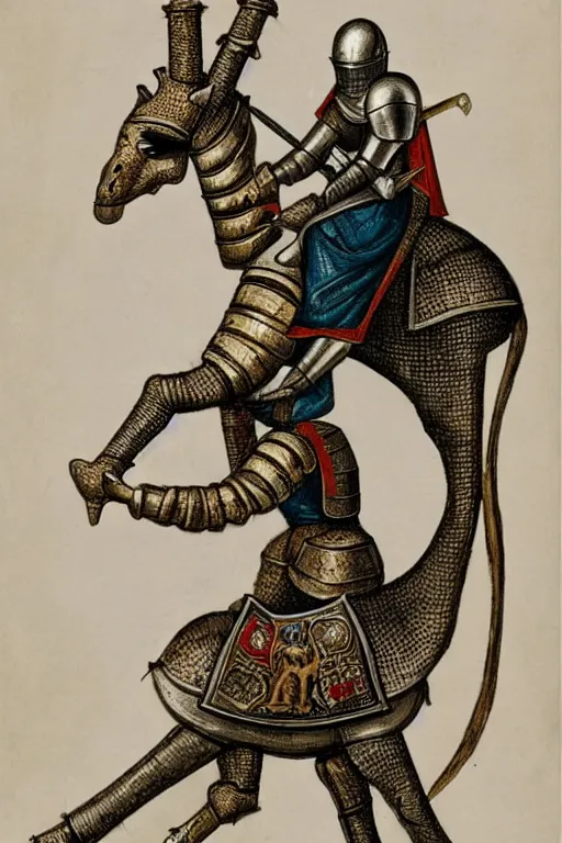 Image similar to a medieval knight in armor riding a giraffe