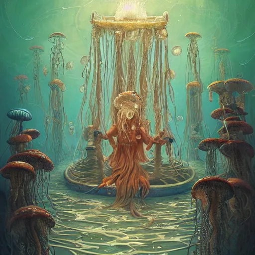 Image similar to A painting of priestesses worshipping at the jellyfish temple, shrouded in mist, jellyfish god, jellyfish priestess, jellyfish shrine maiden, 8K, illustration, art by by Alvaro Castagnet, Peter Mohrbacher and Dan Mumford, smoke, undersea temple with fish, cinematic, insanely detailed and intricate, hypermaximalist, elegant, super detailed, award-winning, magenta and crimson and cyan, rainbow accents, iridescence, bioluminescence, mysterious, ancient, ritual, trending in cgsociety, artstation HQ, ornate, elite, haunting, matte painting, beautiful detailed, insanely intricate details, dreamy and ethereal, otherworldly