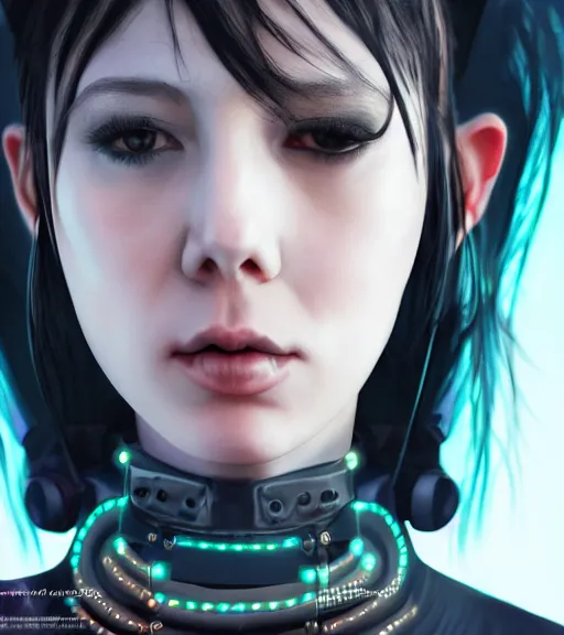 Image similar to detailed realistic female character cyberpunk wearing thick technological collar around neck, realistic, art, beautiful, 4K, collar, choker, collar around neck, punk, artstation, detailed, female, woman, choker, cyberpunk, neon, punk, collar, choker, collar around neck, thick collar, tight around neck, punk,