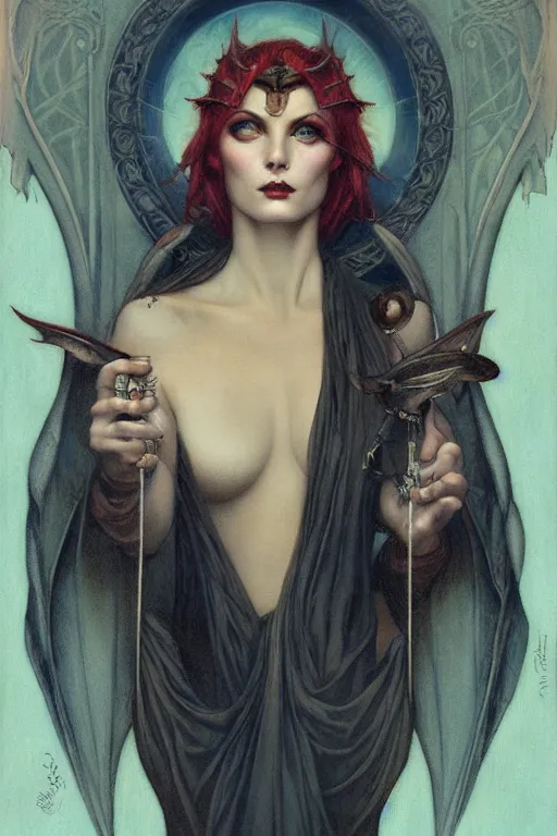 Image similar to Lucifer by Tom Bagshaw in the style of Gaston Bussière, art nouveau, art deco