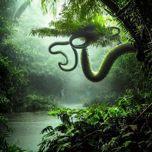 Image similar to a rainy foggy jungle, river with low hanging plants, there is a giant octopus climbing up a tree, great photography, ambient light