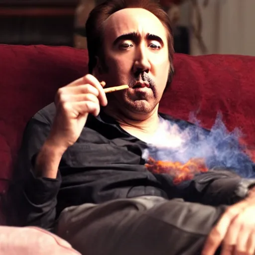 Image similar to nicolas cage smoking huge blunt on couch