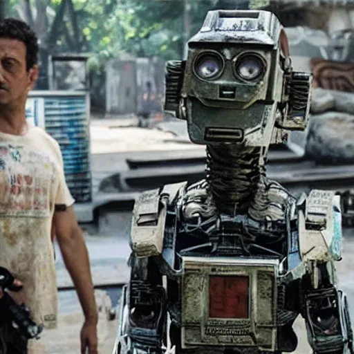 Prompt: film still from the movie chappie of the robot chappie