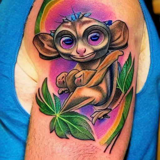 Image similar to shoulder tattoo of a multicolored hallucinating cute bush baby, eyes are rainbow spirals, meditative, surrounded with colorful magic mushrooms and rainbowcolored marihuana leaves, insanely integrate