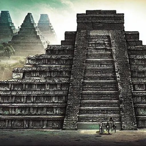 Image similar to Mayan temples merged with cyberpunk futuristic aesthetic 4k highly detailed intricate engravings of esoteric symbols written on the temple