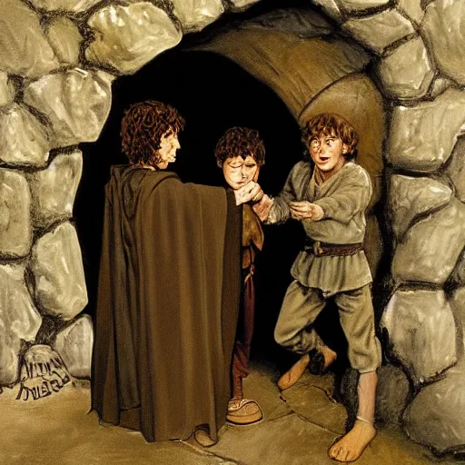 Image similar to Frodo and Harry Potter fight over the one ring at the doorway to mount-doom, painting