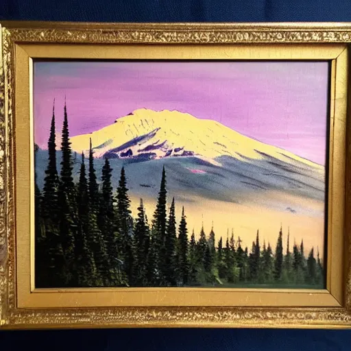 Prompt: beautiful vintage painting, whistler mountain sunset, boho, midcentury, modern, muted pastel colors, top lit, detailed, beautiful solid colors, edge to edge, full frame, intricate, elegant, highly detailed, smooth, sharp focus, high contrast, dramatic lighting, graphic novel, art by bob ross