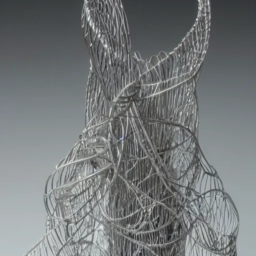 Prompt: realistic detailed silver metal wire sculpture of a towering jungle, first person pov