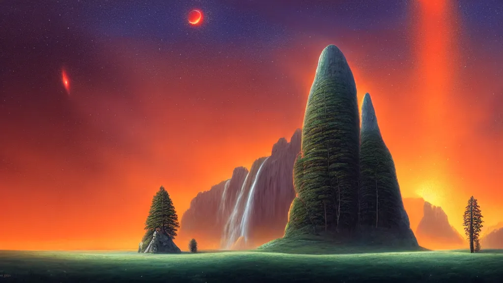 Prompt: gediminas pranckevicius an landscape view, orange sky, galaxies and star in the sky, immense waterfall, giant sequoia, massive mountains, epic composition, 4 k, detailed, realistic