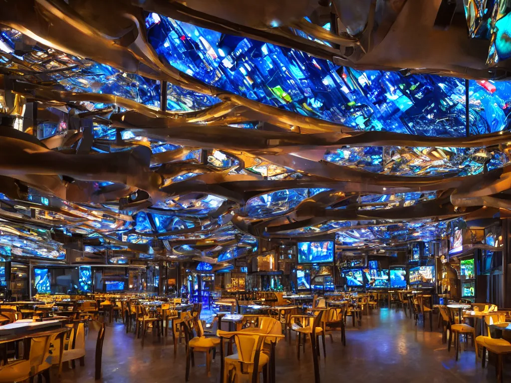 Prompt: screens with curved translucent screens projecting detailed sci - fi art, pixel perfect photograph, high contrast, volumetric lighting, thin glowing lights, restaurant, chairs, users, pair of keys