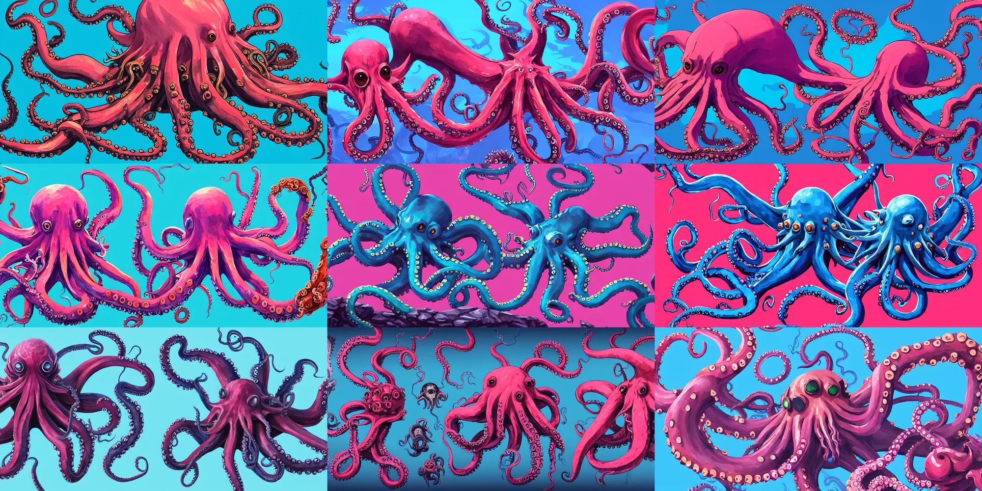 Prompt: game asset of demonic kraken and octopus from hell, in gouache detailed paintings, props, stylized, 2 d sprites, kitbash, arcane, overwatch, blue and pink color scheme, 8 k, close up