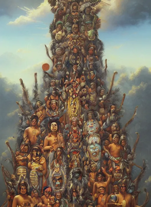 Image similar to faces of indigenous amazonian grandfathers and grandmothers spirits in the clouds, smiling, protection, benevolence, ancestors, detailed faces, hindouist painting, religious painting, art by christophe vacher