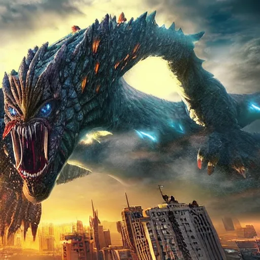 Image similar to giant kaiju with wings destroying a city, photo realistic, hyper realistic, extremely detailed