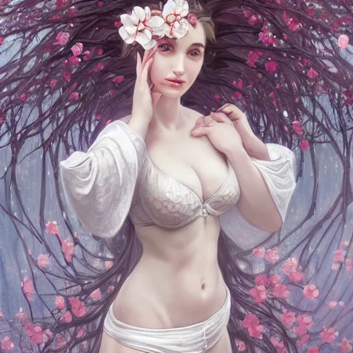 Prompt: a photograpic portrait of a anthropomorphic cherry - blossom wearing white clothes and bra, fantasy, intricate, elegant, highly detailed, digital painting, artstation, concept art, smooth, sharp focus, illustration, art by artgerm and h r giger and alphonse mucha