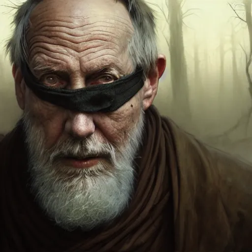 Image similar to portrait painting of a post - apocalyptic older american man wearing monk garbs and a blindfold and a scrap pauldron, ultra realistic, concept art, intricate details, eerie, highly detailed, photorealistic, octane render, 8 k, unreal engine. art by artgerm and greg rutkowski and charlie bowater and magali villeneuve and alphonse mucha