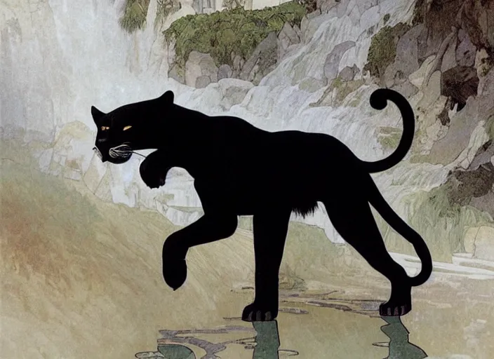 Image similar to animal concept of a black panther melanistic deep black leopard walking on Pamukkale, thermal waters flowing down gold travertine terraces, royal white and blue accents, accurately portrayed, portrait art by alphonse mucha and WLOP, highly detailed, digital painting, concept art, illustration, dim lighting with twilight rays of sunlight, trending on artstation, very detailed, smooth, sharp focus, octane render, close up