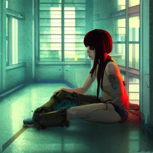 Image similar to a woman sitting on the floor in a room, cyberpunk art by satoshi kon, cgsociety, computer art, circuitry, anime, anime aesthetic