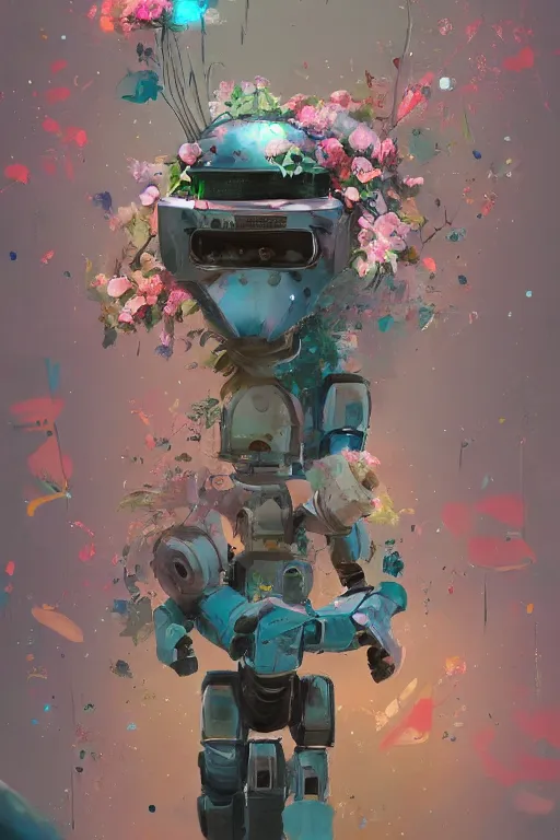 Image similar to a painting of a robot with flowers in front of it, a digital painting by Ismail Inceoglu, trending on Artstation, environmental art, made of flowers, reimagined by industrial light and magic, artstation hd