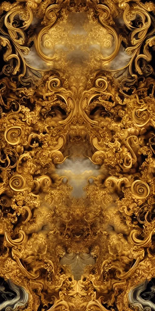 Image similar to the source of future growth dramatic, elaborate emotive Golden Baroque and Rococo styles to emphasise beauty as a transcendental, seamless pattern, symmetrical, large motifs, sistine chapel ceiling, 8k image, supersharp, spirals and swirls, smoke and inkbursts, rainbow ink dropping in water, Gold black and rainbow colors, perfect symmetry, 3D, no blur, sharp focus, photorealistic, insanely detailed and intricate, cinematic lighting, Octane render, epic scene, 8K