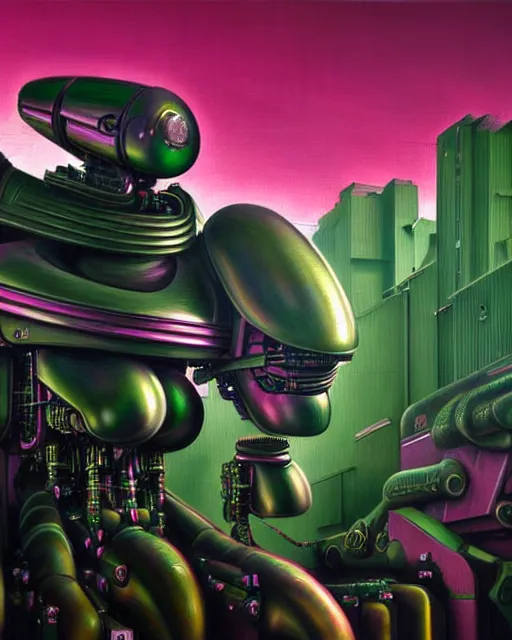 Prompt: hyperrealistic hyperdetailed graffiti! mecha iridescent pink fighting!! aliens concept art santiago caruso de chirico sharp very dramatic green light 8k low angle shallow depth of field