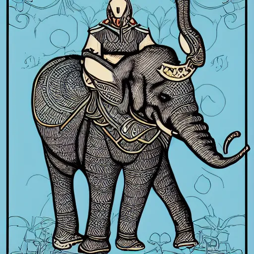 Prompt: anthropomorphic humanoid elephant knight, tarot card style, fantasy illustration