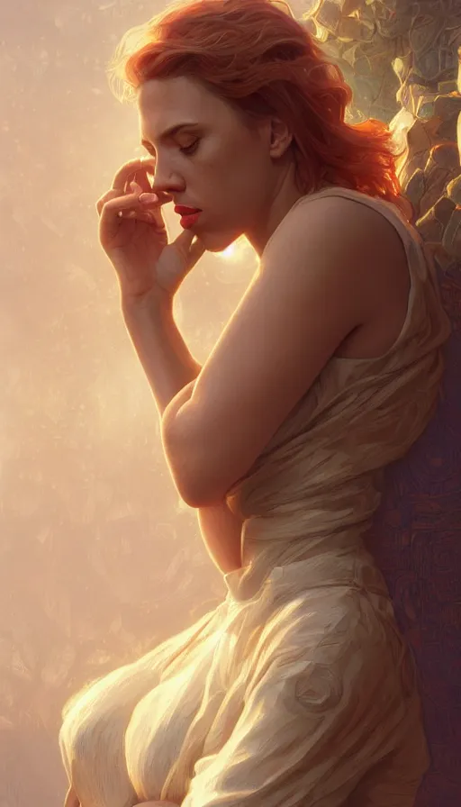 Prompt: scarcity, fibonacci, sweat drops, insane, scarlett johansson, intricate, highly detailed, digital painting, artstation, concept art, smooth, sharp focus, illustration, Unreal Engine 5, 8K, art by artgerm and greg rutkowski and alphonse mucha